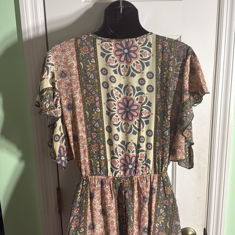 Bohemian Floral High-Low Flutter Sleeve Spring Summer Fall Flowy Dress Size M-L - Picture 9 of 13